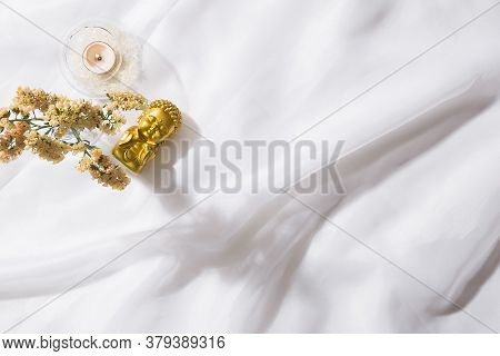 Top View Of Voile Fabric Background With Flowers In Two Corners With Space For Text