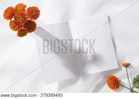 Top View Of Voile Fabric Background With Flowers In Two Corners With Space For Text