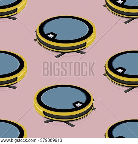 Smart Technologies. Pattern Of Robots Vacuum Cleaners On Pink Floor. Vector Illustration.