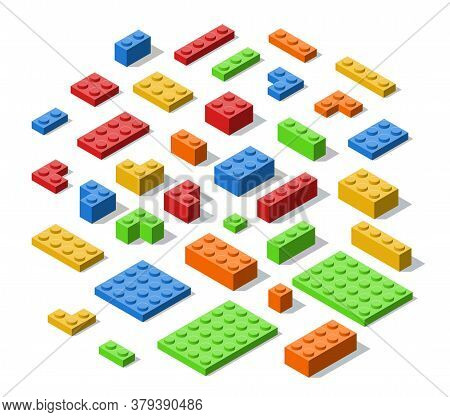 Plastic Colorful Construction Blocks, Bricks And Planes In Isometric Style