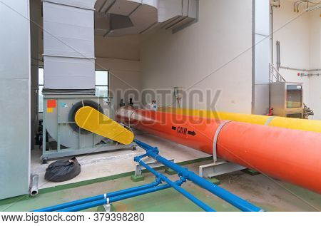 Chiller Tower Or Cooling Tower On Rooftop Of A Office Building. System Work. Architecture Machine. C