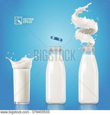 3d Realistic Vector Transparent Bottle And Glass With Splashes Of Milk Or Yogurt