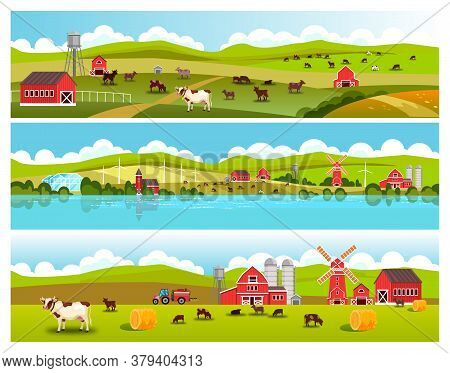 Rural landscape collection with green hills, cows, fields, tractor, barn, livestock, mill, haystack. Farm rural view with village houses, grazing animals, clouds, water tower, river. Country landscape
