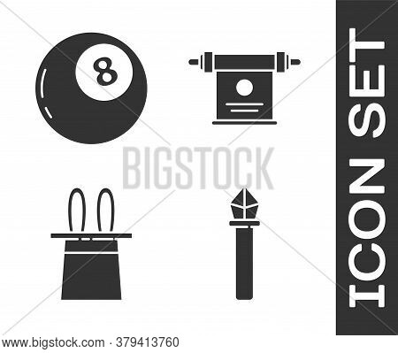 Set Magic Staff, Magic Ball Of Predictions, Magician Hat And Rabbit Ears And Magic Scroll Icon. Vect