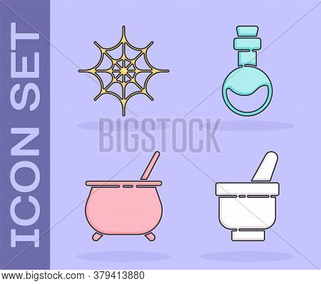 Set Magic Mortar And Pestle, Spider Web, Witch Cauldron And Bottle With Love Potion Icon. Vector