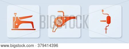 Set Leaf Garden Blower, Construction Stapler And Hand Drill. White Square Button. Vector
