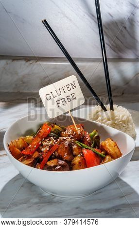 Chinese Shrimp With Mixed Sauteed Vegetables In A Brown Garlic Sauce