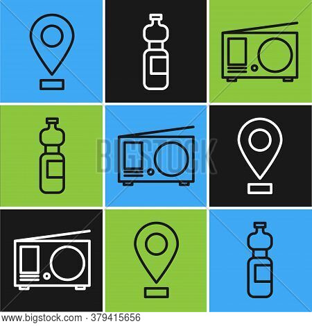 Set Line Location, Radio With Antenna And Bottle Of Water Icon. Vector
