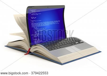 Learning of programming language Javascript, PHP, CSS, XML, HTML. Laptop and book with programming code on the screen. 3d illustration