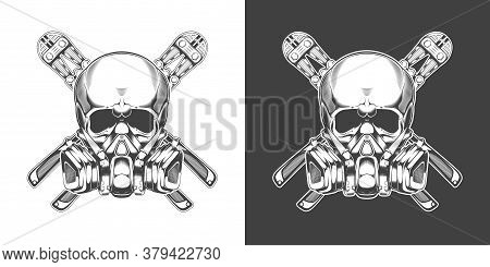 Vintage Monochrome Skull With Respirator And Bolt Cutter Isolated Vector Illustration