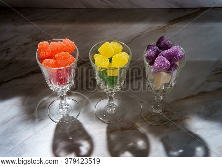Granulated Sugar Coated Candy Gumdrops In Shot Glasses