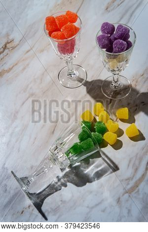 Granulated Sugar Coated Candy Gumdrops Spilled Shot Glass
