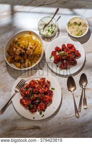 Indian Dinner Korma With Mushroom 65 Tandoori Cauliflower Rice And Raita