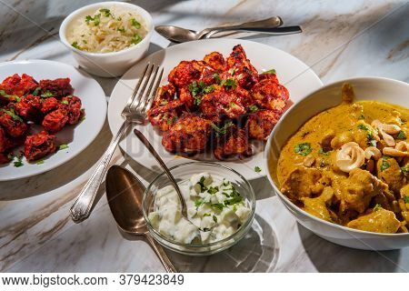Indian Dinner Korma With Mushroom 65 Tandoori Cauliflower Rice And Raita