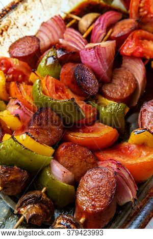 Baking Polish Grilled Honey Balsamic Glazed Kielbasa Shish Kebab Skewers With Red Onions Mushrooms B
