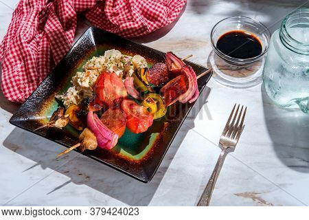 Polish Grilled Honey Balsamic Glazed Kielbasa Shish Kebab Skewers With Red Onions Mushrooms Bell Pep