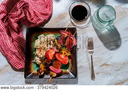 Polish Grilled Honey Balsamic Glazed Kielbasa Shish Kebab Skewers With Red Onions Mushrooms Bell Pep