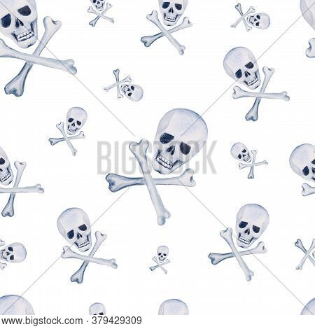 Watercolor Seamless Pattern With Skull With Bones On White Background For Halloween. Halloween Patte