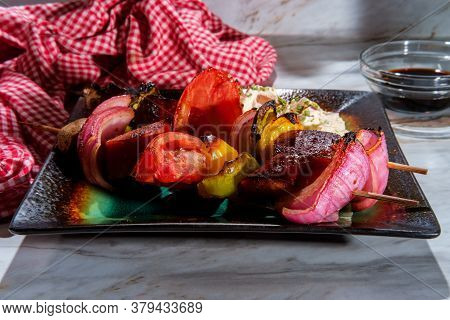 Polish Grilled Honey Balsamic Glazed Kielbasa Shish Kebab Skewers With Red Onions Mushrooms Bell Pep