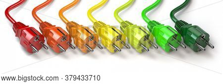 Energy consumption concept. Clolored electric  plugs in colors of energy classification labels. 3d illustration
