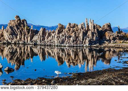 California, USA. Picturesque Mono lake. Dusk. The columns  -  remains of 