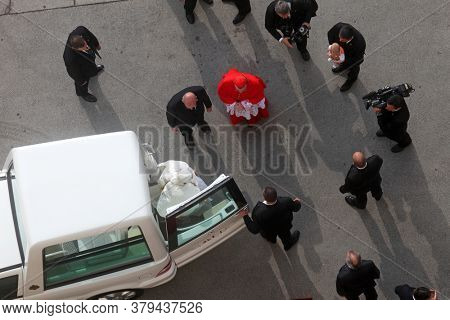 ZAGREB, CROATIA - JULY 13, 2011: Cardinal Josip Bozanic welcomes Pope Benedict in front of the Zagreb Cathedral
