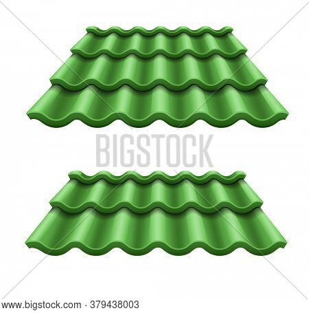 Green corrugated tile element of roof. Isolated on white background. 3D illustration.