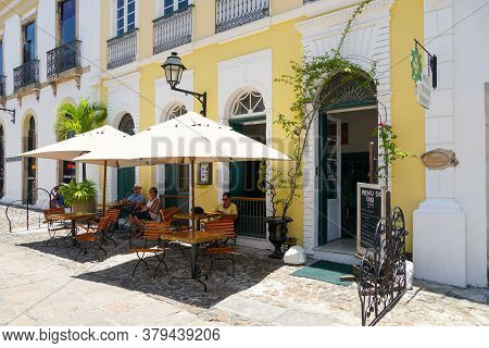 Touristic Street With Restaurant Terraces And Shops In The Historical Center Of Salvador Bahia. Braz