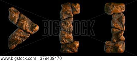 Set of rocky symbols right angle bracket, left and right square bracket . Font of stone on black background. 3d rendering