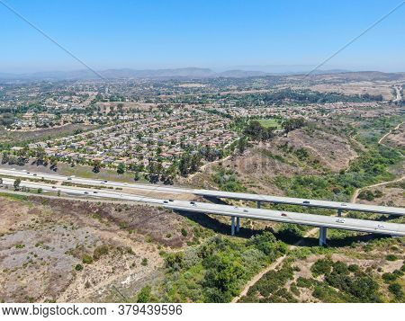 Aerial View Of Highway, Freeway Road With Vehicle In Movement In San Diego, California, Usa.