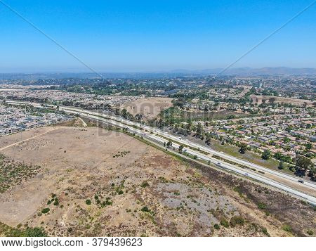 Aerial View Of Highway, Freeway Road With Vehicle In Movement In San Diego, California, Usa.