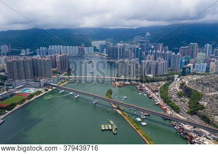 Tsing Yi, Hong Kong 24 June 2020: Top view of Hong Kong city