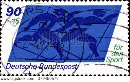 02 09 2020 Divnoe Stavropol Territory Russia The Postage Stamp Germany 1980 Sports Skiiing Skiers Si