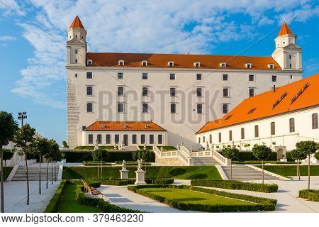Bratislava, Slovakia - August 20, 2018: Bratislava Castle With Baroque Garden At Sunrise, Bratislava