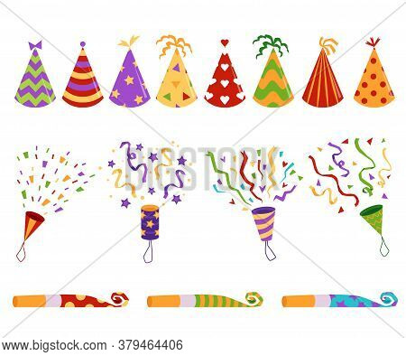 Birthday Party Hats, Blowers And Confetti Flat Vector Illustrations Set Isolated.