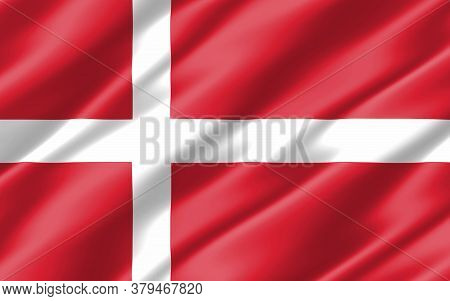 Silk Wavy Flag Of Denmark Graphic. Wavy Danish Flag 3d Illustration. Rippled Denmark Country Flag Is