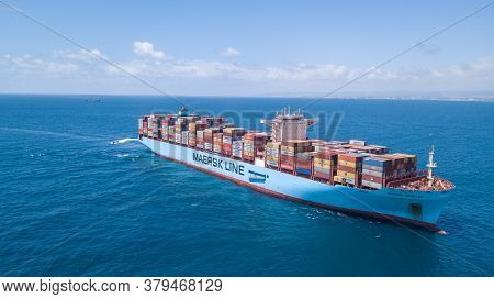 Mediterranean Sea - June 25, 2020: Maersk Hidalgo Mega Container Ship. Ulcv Fully Loaded With Freigh
