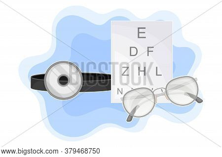 Ophthalmological Supplies With Glasses And Eyechart For Vision Screening Vector Composition