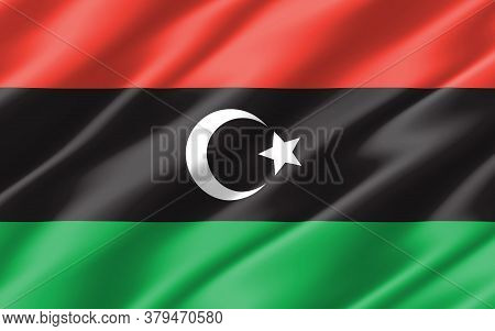Silk Wavy Flag Of Libya Graphic. Wavy Libyan Flag 3d Illustration. Rippled Libya Country Flag Is A S