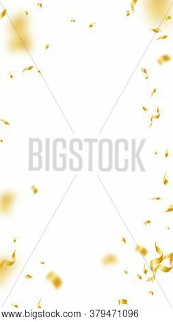 Streamers And Confetti. Gold Streamers Tinsel And Foil Ribbons. Confetti Vignette On White Backgroun