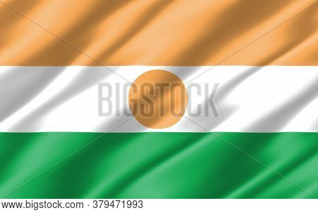 Silk Wavy Flag Of Niger Graphic. Wavy Nigerien Flag 3d Illustration. Rippled Niger Country Flag Is A