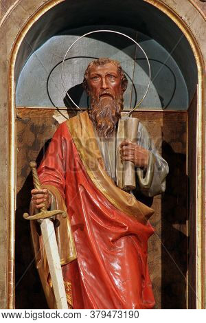 SVETI PETAR OREHOVEC, CROATIA - JUNE 26, 2013: St. Paul statue on the main altar at St. Peter's Church in Sveti Petar Orehovec, Croatia