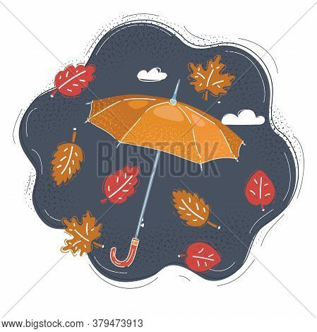 Vector Illustration Of Cool Single Weather, Opened Umbrella In The Dark Sky Falling Leaves Fly Arrou