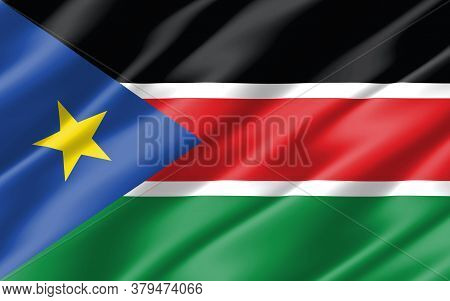 Silk Wavy Flag Of South Sudan Graphic. Wavy South Sudanese Flag 3d Illustration. Rippled South Sudan