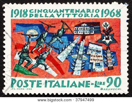 ITALY - CIRCA 1968: a stamp printed in the Italy shows The Battle of Vittorio Veneto, 50th Anniversary of the Allies' Victory in WWI, circa 1968