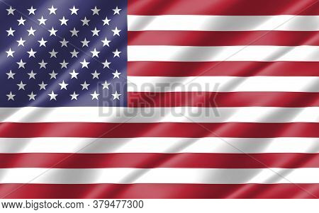 Silk Wavy Flag Of Usa Graphic. Wavy American Flag 3d Illustration. Rippled Usa Country Flag Is A Sym