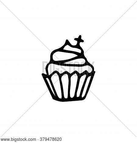 Doodle Cupcake With Cream And Decoration. Hand Drawn Dessert For Kids Parties, Halloween, Baptism, E