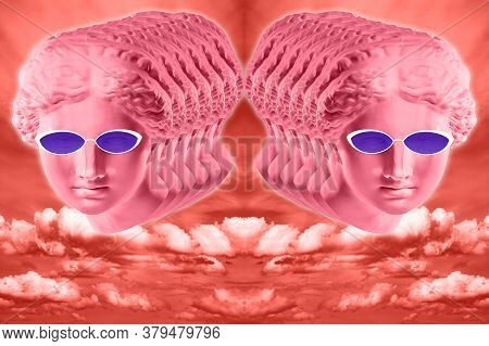 Collage With Plaster Antique Sculpture Of Human Face In A Pop Art Style. Creative Concept Colorful N