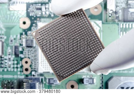 Computer Engineer Hands In Latex Gloves Brings Computer Cpu Processor Memory Change Components Into 