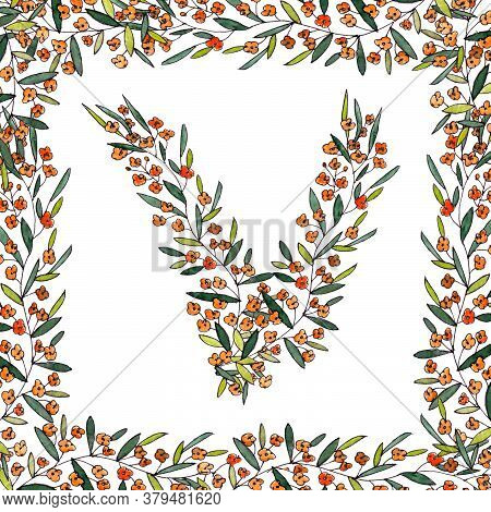 Lletter V Of The English And Latin Floral Alphabet. Colorful Graphic In Square Frame On A White Back